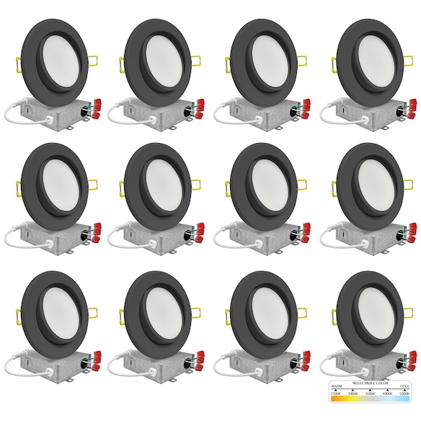 Nuwatt 4" Black Gimbal LED Recessed Lighting for Sloped Ceiling 2700K-5000K 5CCT Canless Lights, PK12 NW-P-ADJDL-4-9W-5CT-BLK-12P - main